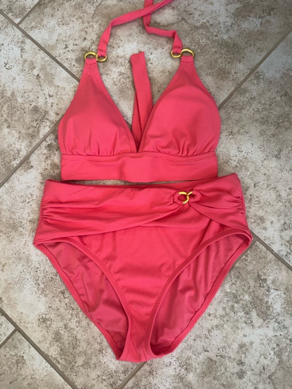Bleu Rod Beattie Coral Pink High-Waist Bikini Set top size 12, bottoms 14